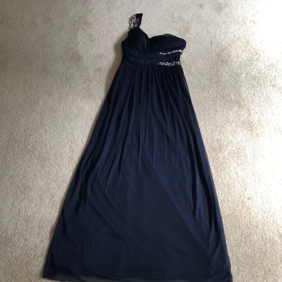 Navy One-Shoulder Beaded Formal Full-Length Dress - Picture 2 of 7